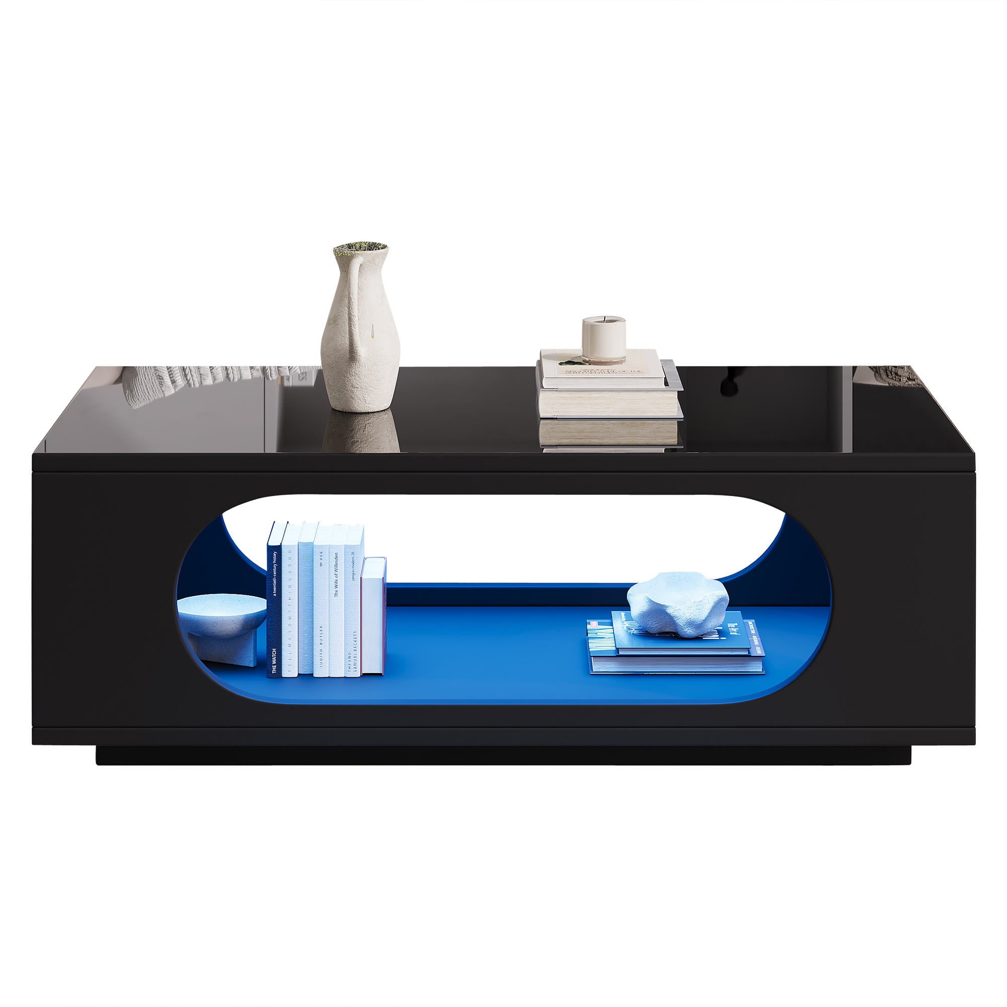 Coffee Table With LED Lighting  App Control , 100x50x35cm, MDF Material, 30kg Load Capacity,High Gloss Openwork Coffee Table,Large Storage Side Table,Sofa Table,Black