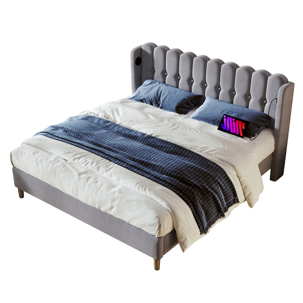 Upholstered Bed Double Bed With USB Type C Charging Function, Bed Frame With Slatted Frame, Upholstered Bed In Grey, 160 X 200 Cm Bed Frame Youth Bed For Bedroom Guest Room Linen Material
