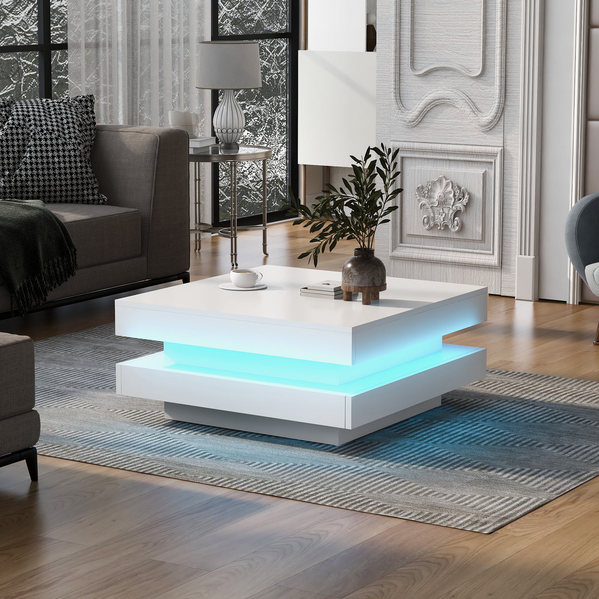 Square White Coffee Table  Modern Tech Style, With Bluetooth LED Strip, 70 X 70 X 36 Cm, Max. Load 45 Kg
