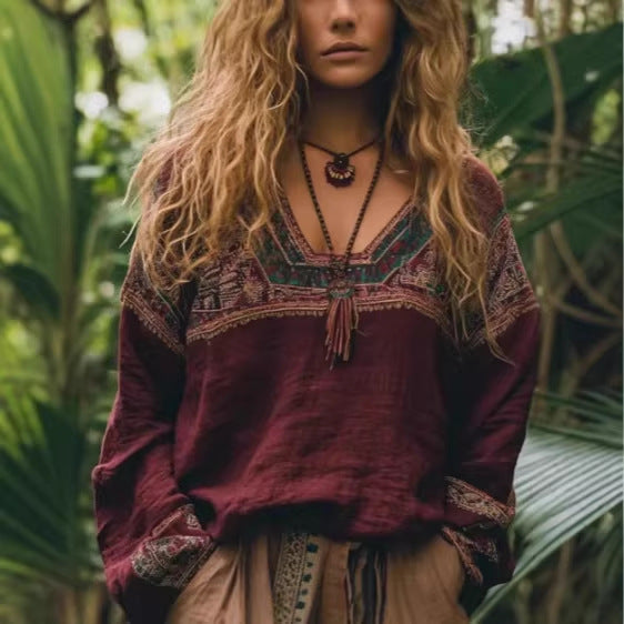 Ethnic-style Casual V-neck Long-sleeve Blouse