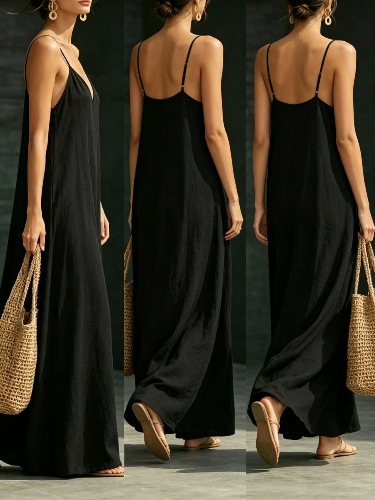 Summer V-Neck Spaghetti Strap Flowy Maxi Dress - Casual Fashion Solid Color Long Dress For Women Vaction Dress