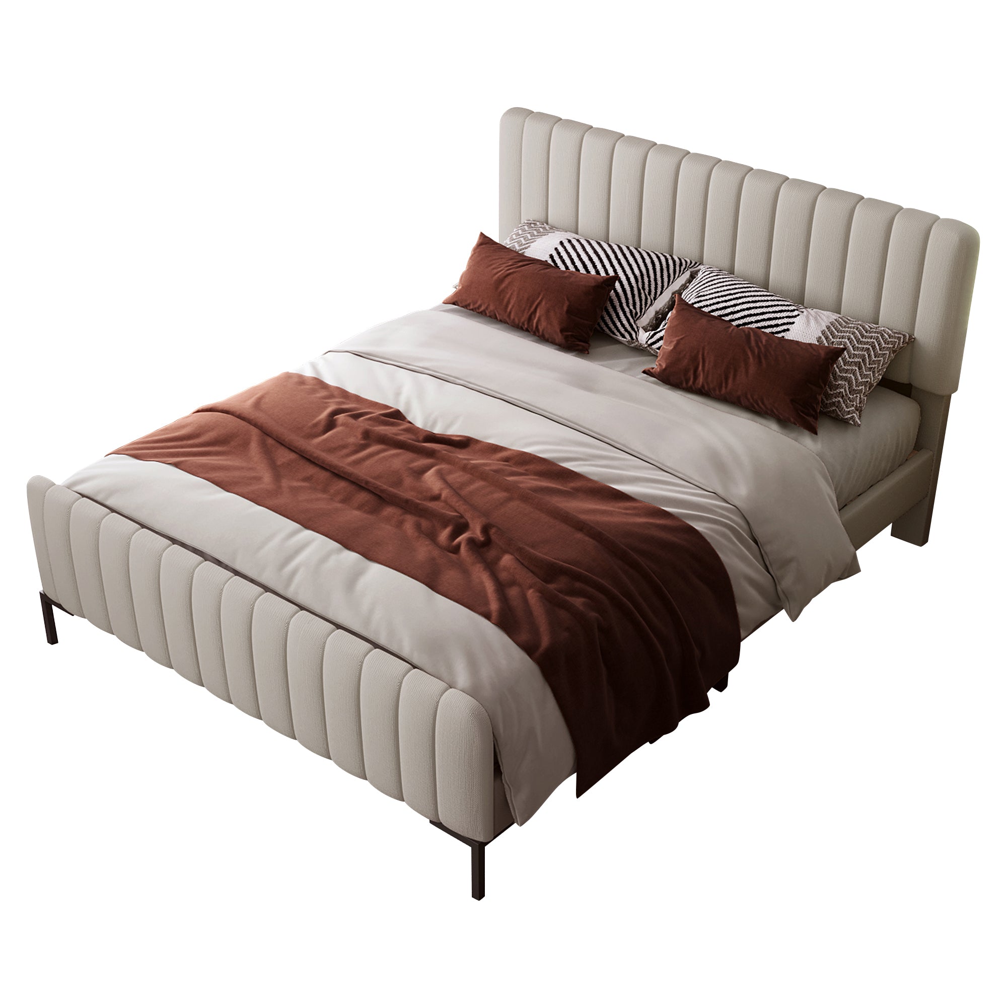 Upholstered Double Bed 140 X 200 Cm, Bed Frame With Lattice And Adjustable Head, Upholstered Bed In Grey Beige,Bed Frame Youth Bed For Bedroom Guest Room Linen Material