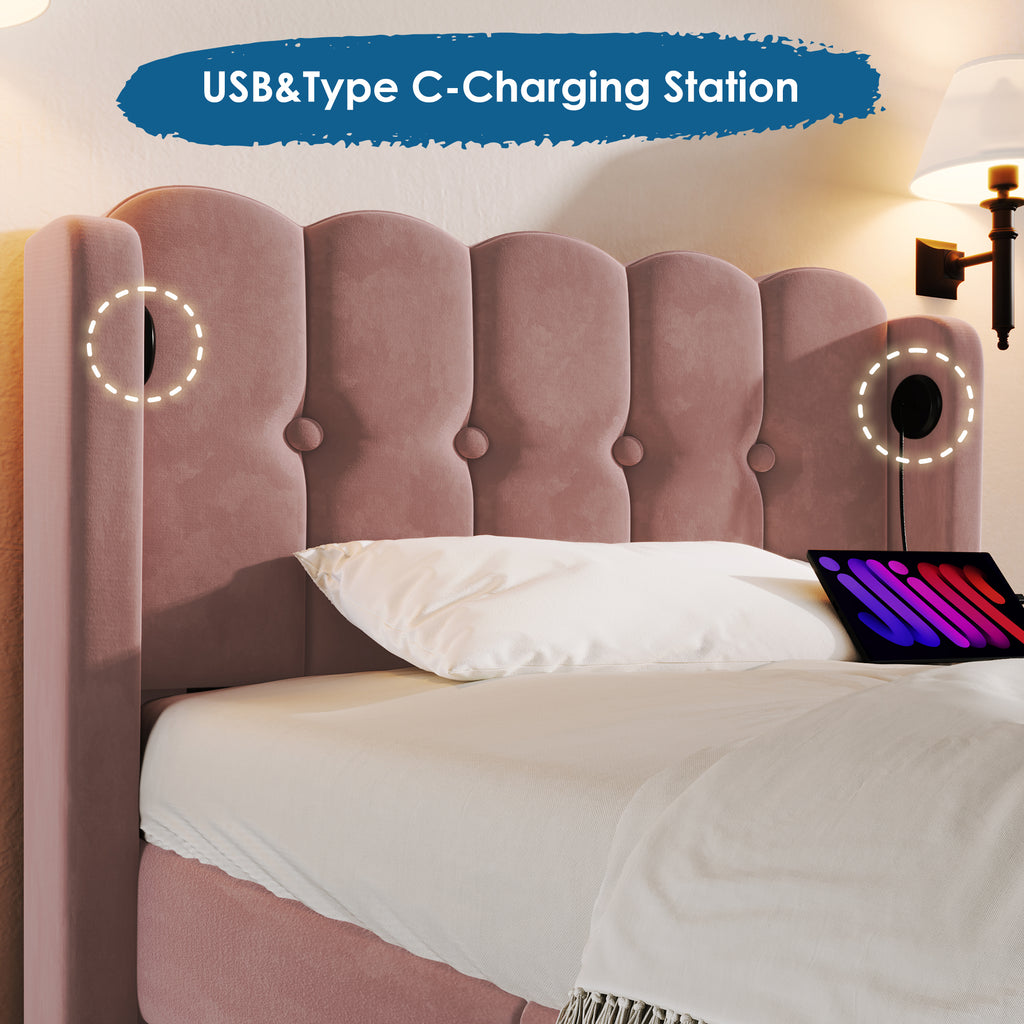 Sofa Bed With USB Type C Charging Function, Bed Frame With Baroque, Cushioned Bed In Pink, 90 X 200 Cm Bed Frame For Youth Bedroom Guest Room - Velvet