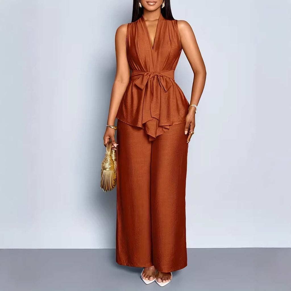 Womens V-neck Sleeveless Asymmetrical Top And Wide-leg Pants Set