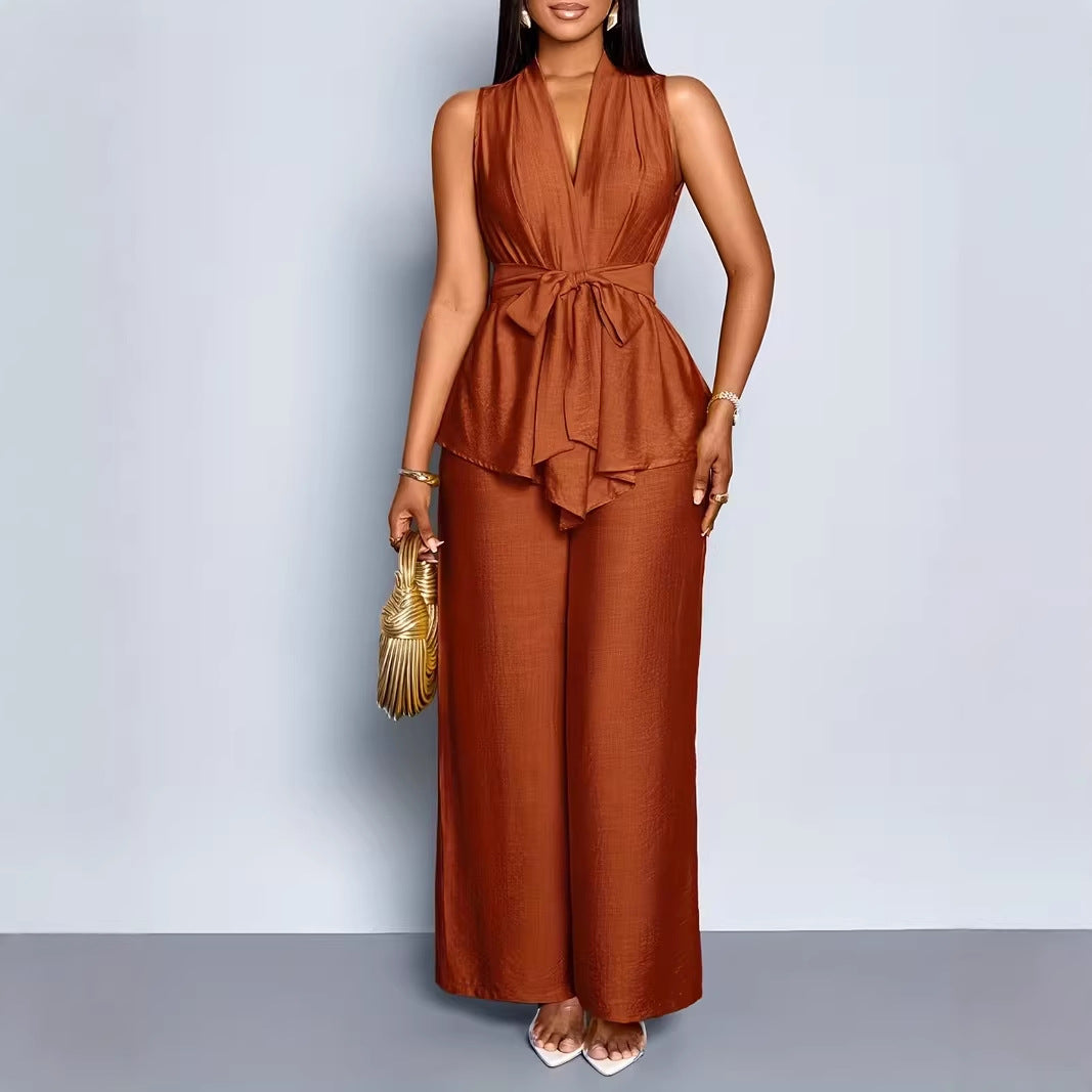 Womens V-neck Sleeveless Asymmetrical Top And Wide-leg Pants Set