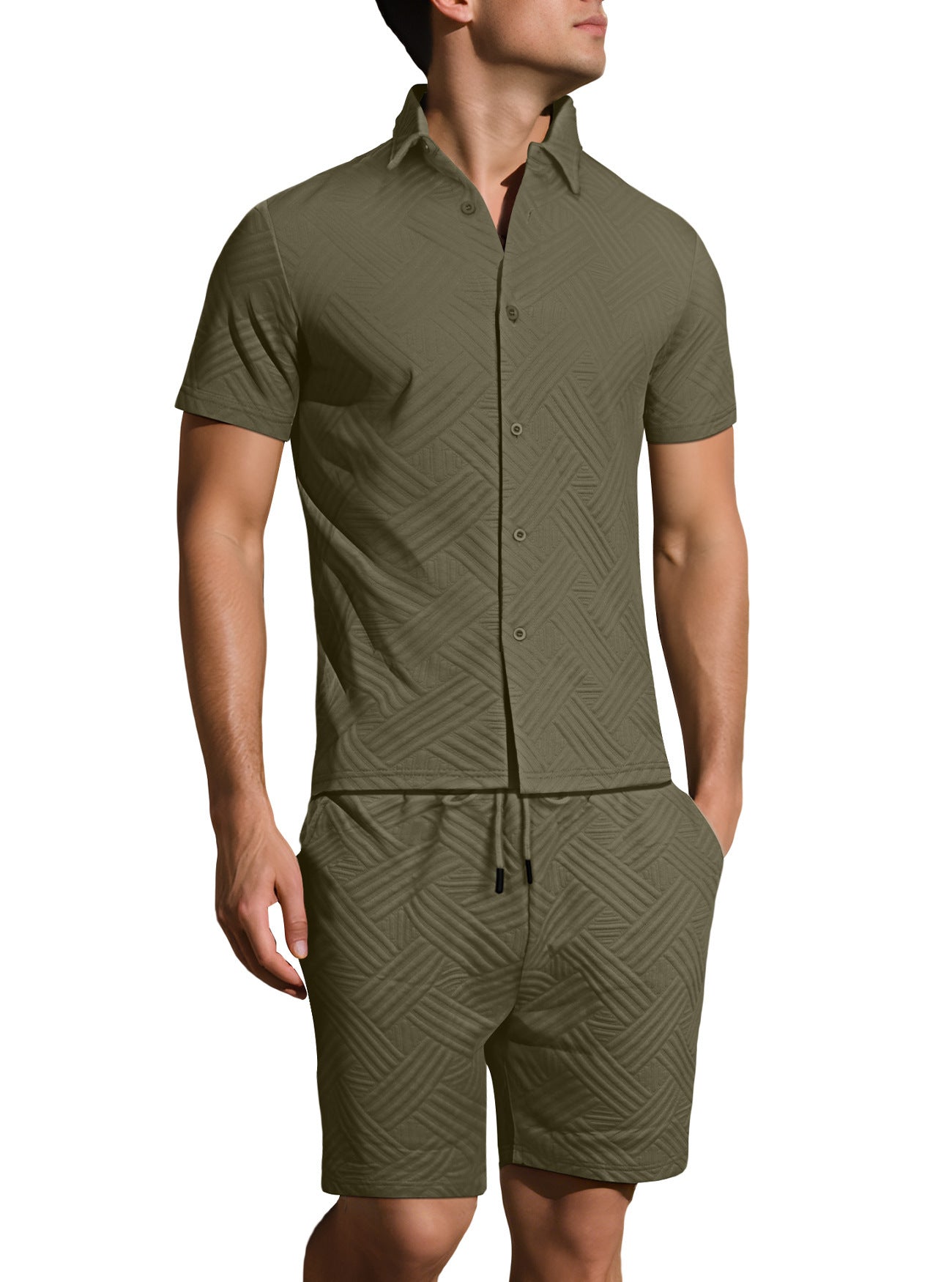 Mens Solid-Color Jacquard Shirt Casual Two-Piece Set