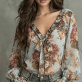 Womens Retro Oil-Painting Floral V-Neck Top