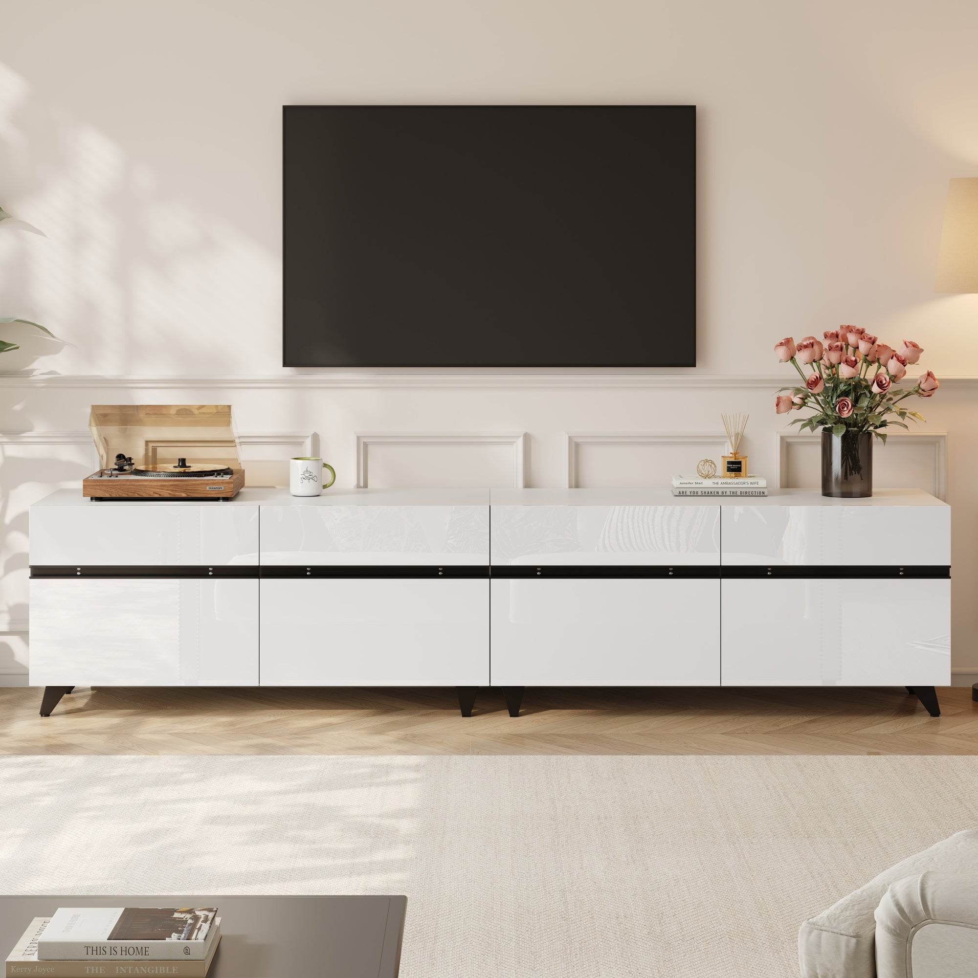 180X40X49cm TV Cabinet,High Gloss TV Cabinet, Lowboard With 4 Cabinets And Adjustable Dividers,Living Room Cabinet With 8 Table Legs, Recommended Load Capacity 52kg,Suitable For 80 Inch TV