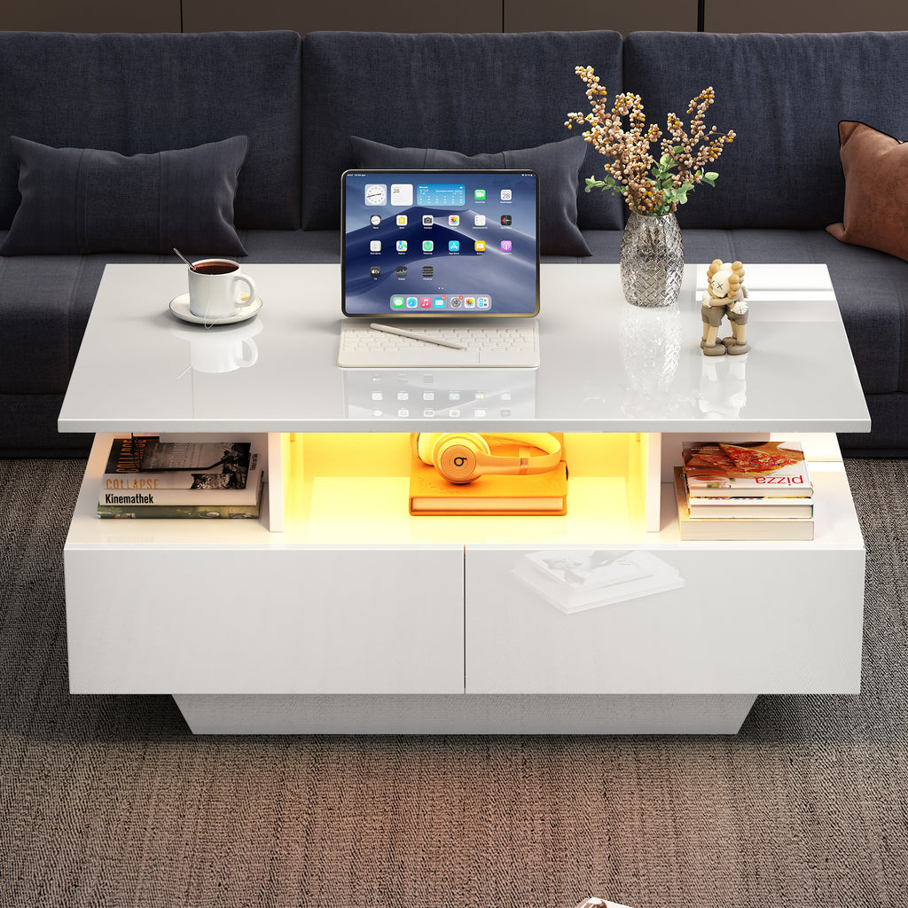 Modern High-gloss Coffee Table With LED Lighting And 2 Drawers  Stylish 90x55x41 Cm Side Table With Storage Space, Load Capacity Up To 30 Kg