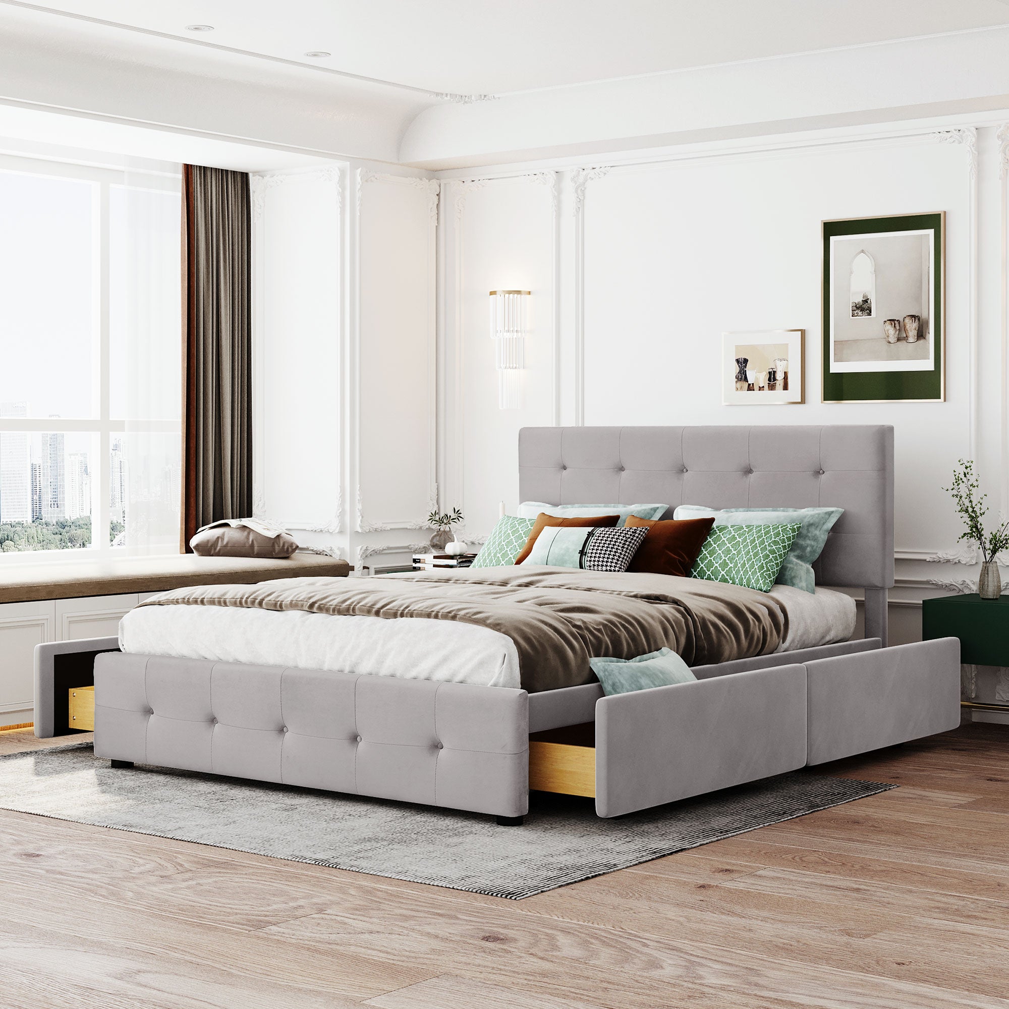 Upholstered Bed 140 X 200 Cm, Double Bed With Drawers, Slatted Base, And Headboard, Skin-Friendly Velvet Double Bed For Adults And Teenagers, Grey Mattress Not Included