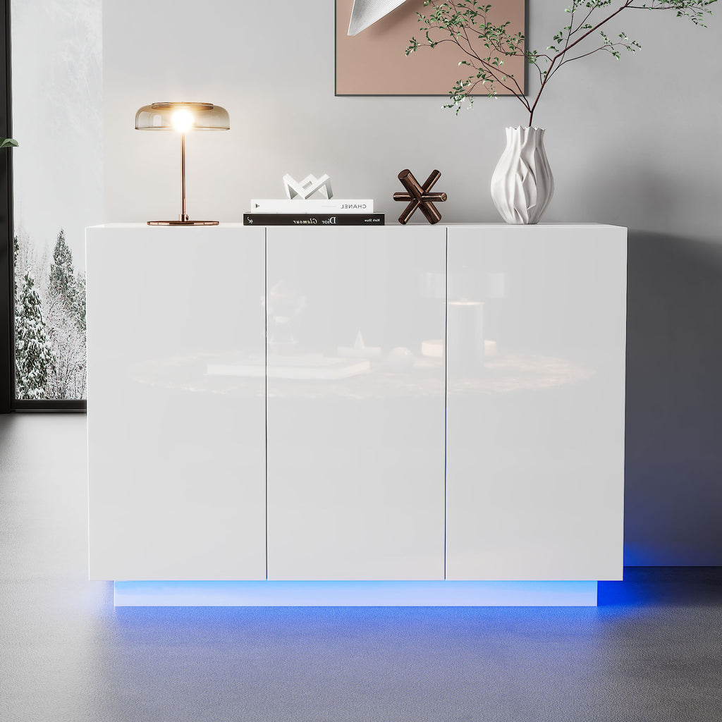 Dining Room Cabinet High Gloss Open And Closed, White Sideboard, Pedestal LED Light, Chest Of Drawers Foyer Cabinet 120x40x75CM