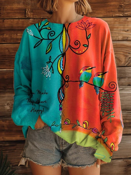 Womens Fashionable, Versatile Printed Crew-neck Sweatshirt