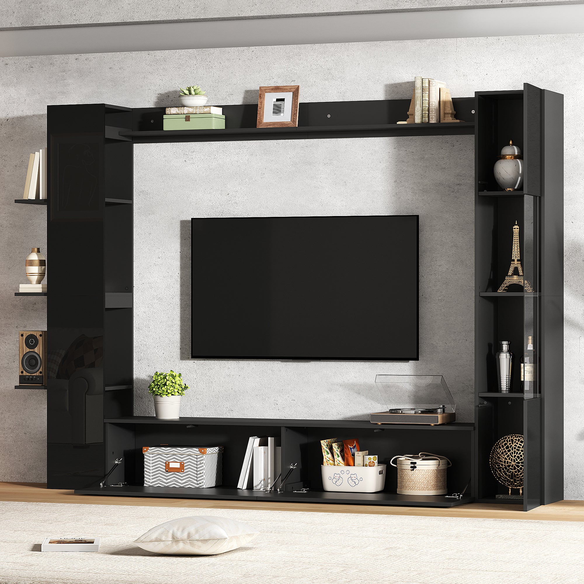 Wall Unit, Display Cabinet Door Hinge Replaceable,  Set, 4 Pcs , Compact Wall Unit With Plenty Of Storage Space, TV Cabinet, Display Cabinet, Storage Cabinet, Especially For The Living Room, Black