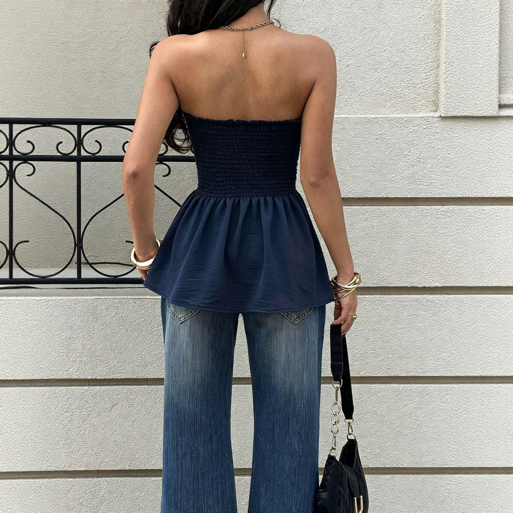 Womens Waist-cinching Ruffled-hem Strapless Resort-style Tank Top