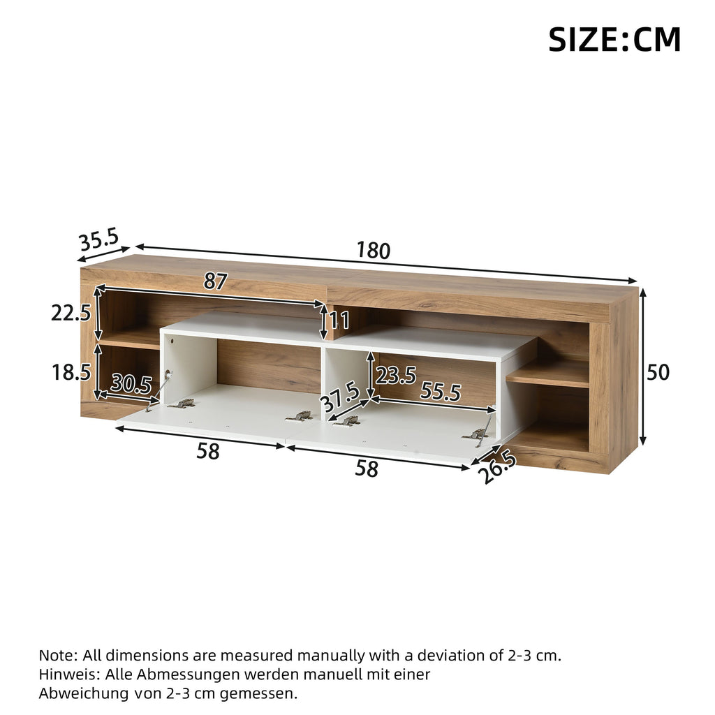 TV Cabinet 180x35.5x50cm With App-controlled LED, 2 Drawers & 4 Open Compartments, TV Cabinet, Lowboard Made Of Chipboard, Loadable Up To 30kg, Suitable For 75 Inch TVs, Natural Wood Color  White