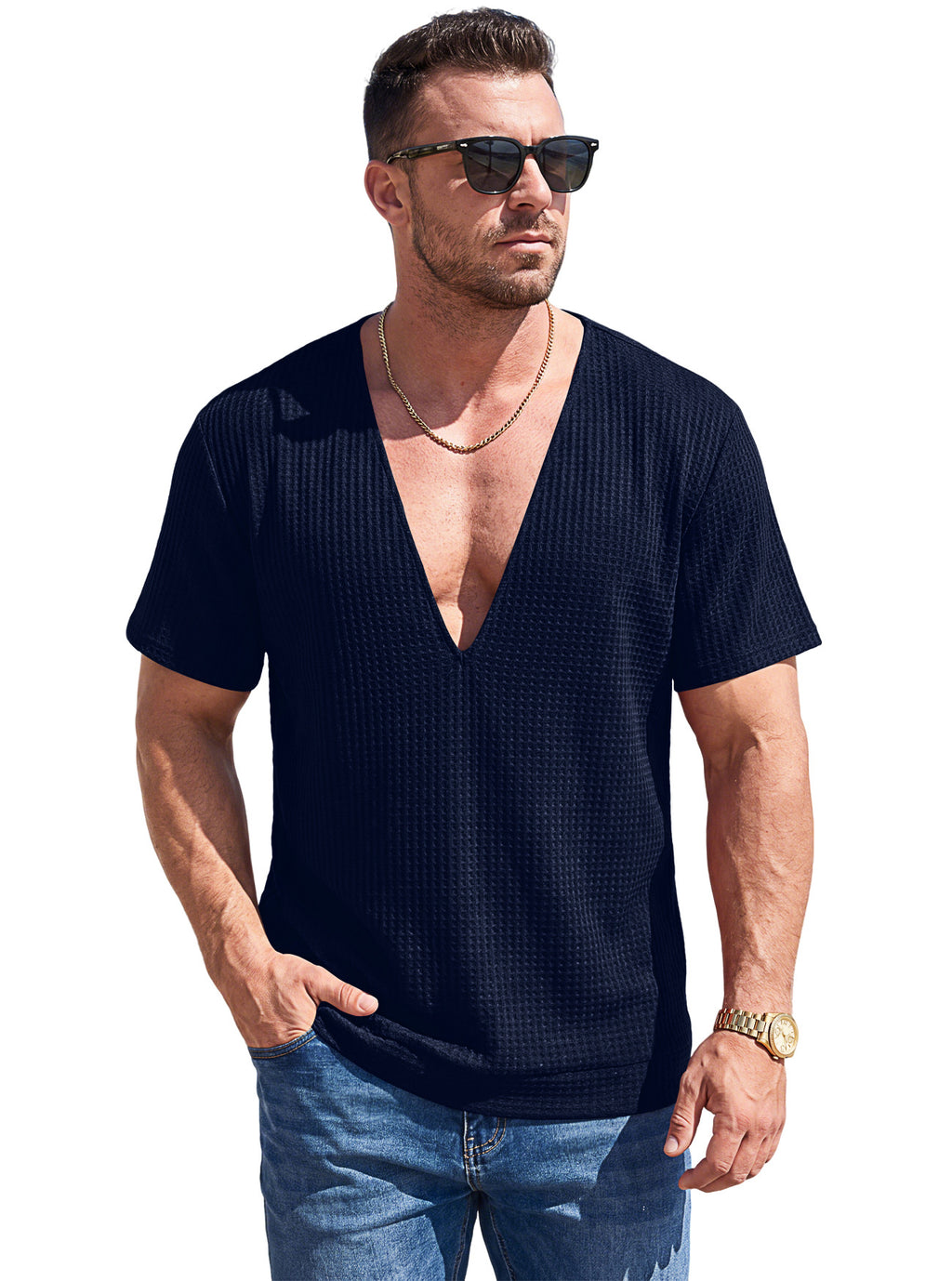 Mens Solid-Color Waffle-Weave Deep-V Short-Sleeve T-Shirt