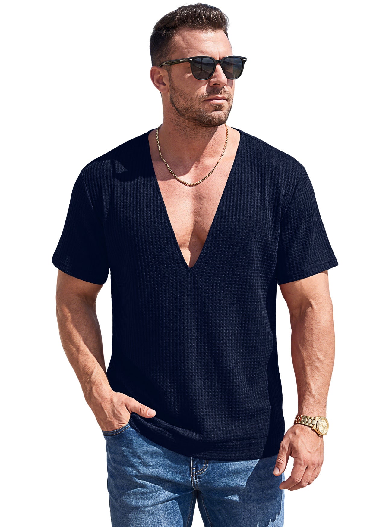 Mens Solid-Color Waffle-Weave Deep-V Short-Sleeve T-Shirt