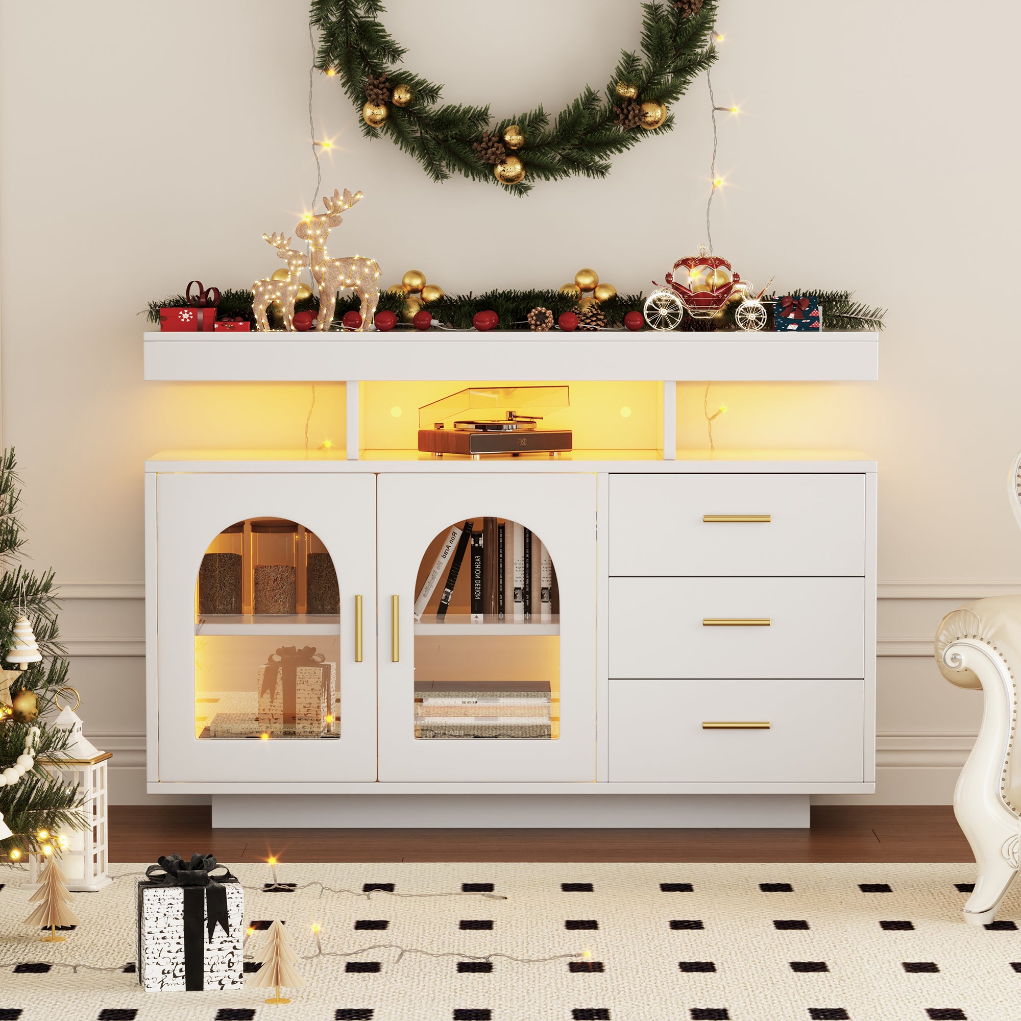 323704705WAA LED Sideboard Buffet Cabinet, 120cm Coffee Bar Cabinet, Drawer Cabinet, Sideboard Living Room, High Gloss Kitchen Cabinet With 16 Color Lights For Dining Room  White