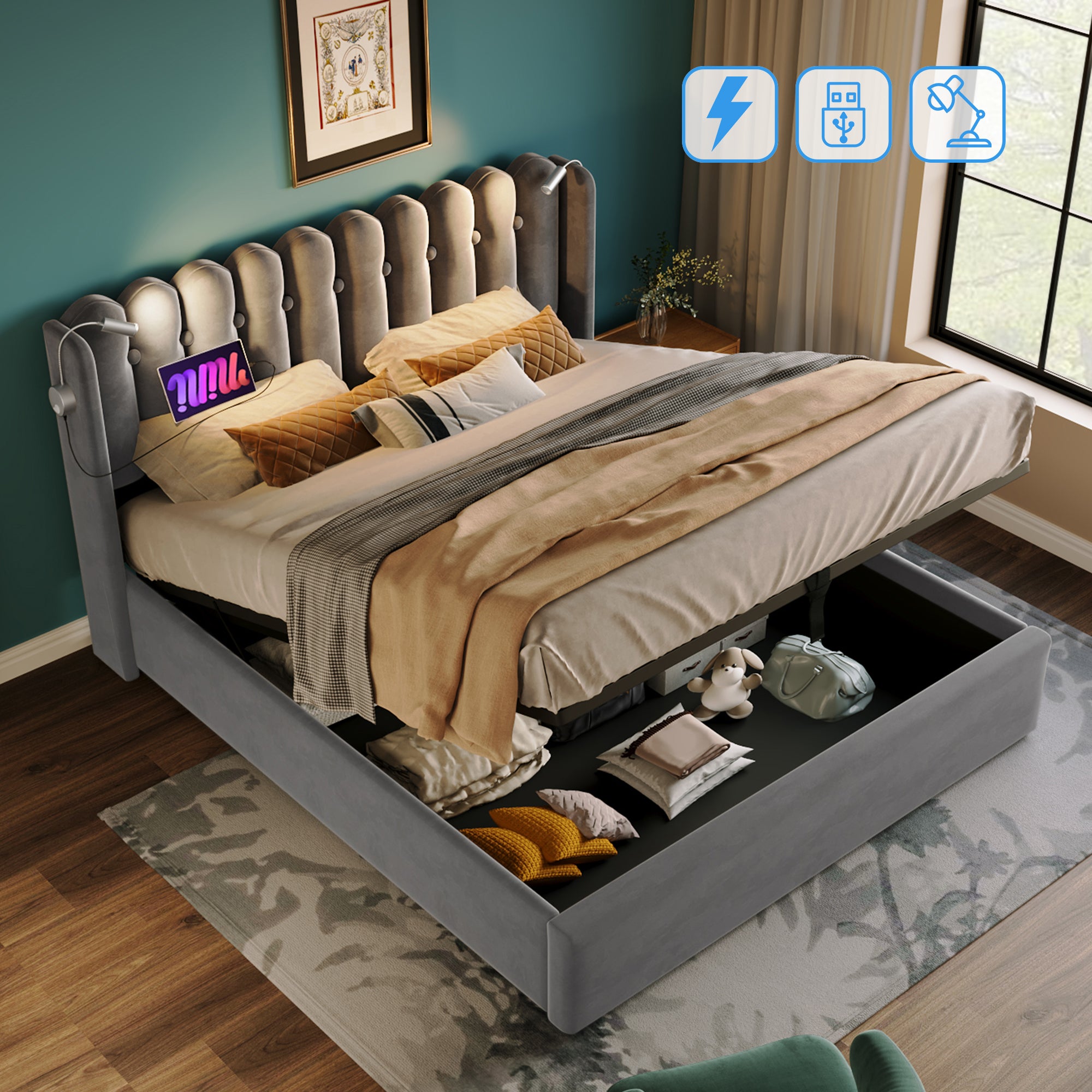 Upholstered Bed Double Bed Reading Light With Charging Headboard Storage Bed Frame Velvet Youth Bed 140x200 With Slatted Base,Grey Without Mattress