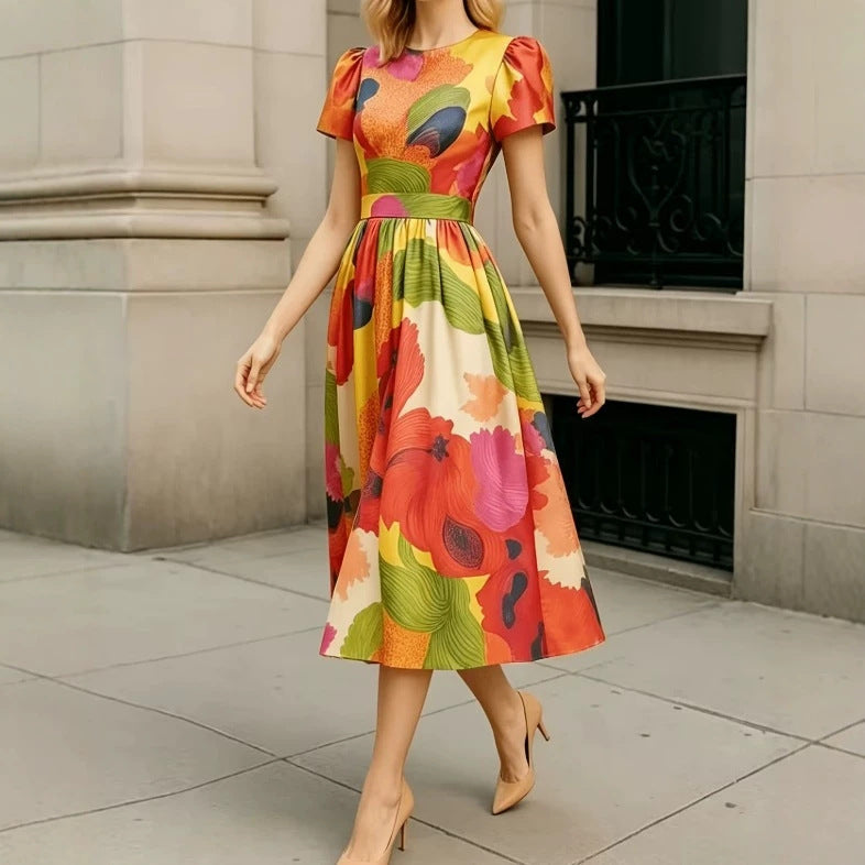 Womens Waist-cinching Puffed-sleeve Maxi Dress