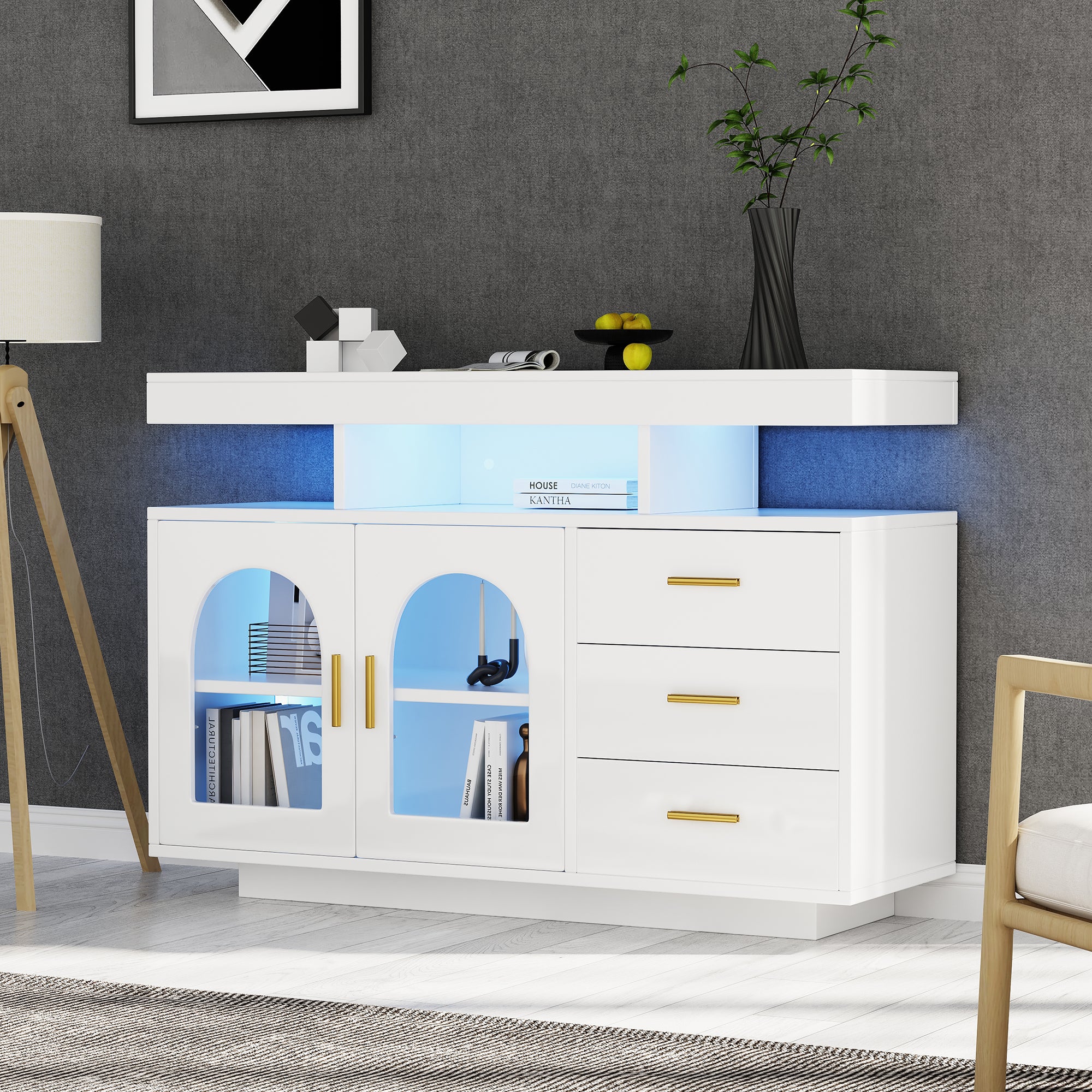 323704705WAA LED Sideboard Buffet Cabinet, 120cm Coffee Bar Cabinet, Drawer Cabinet, Sideboard Living Room, High Gloss Kitchen Cabinet With 16 Color Lights For Dining Room  White