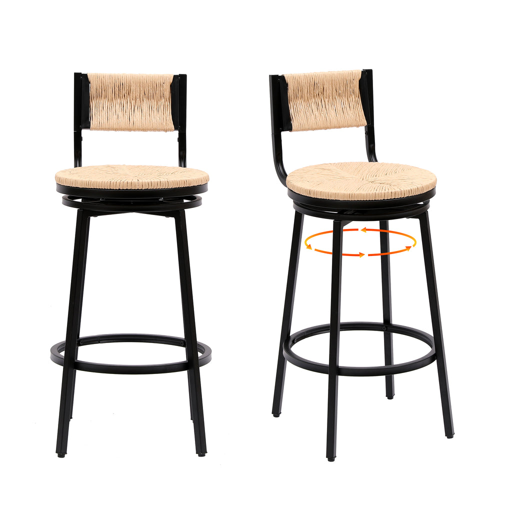 Honey Swivel Bar Stools Paper Rope Handwoven Barstools With Back Set Of 2 Rustic Round Counter Chairs For Dining Room, Kitchen Island  Honey