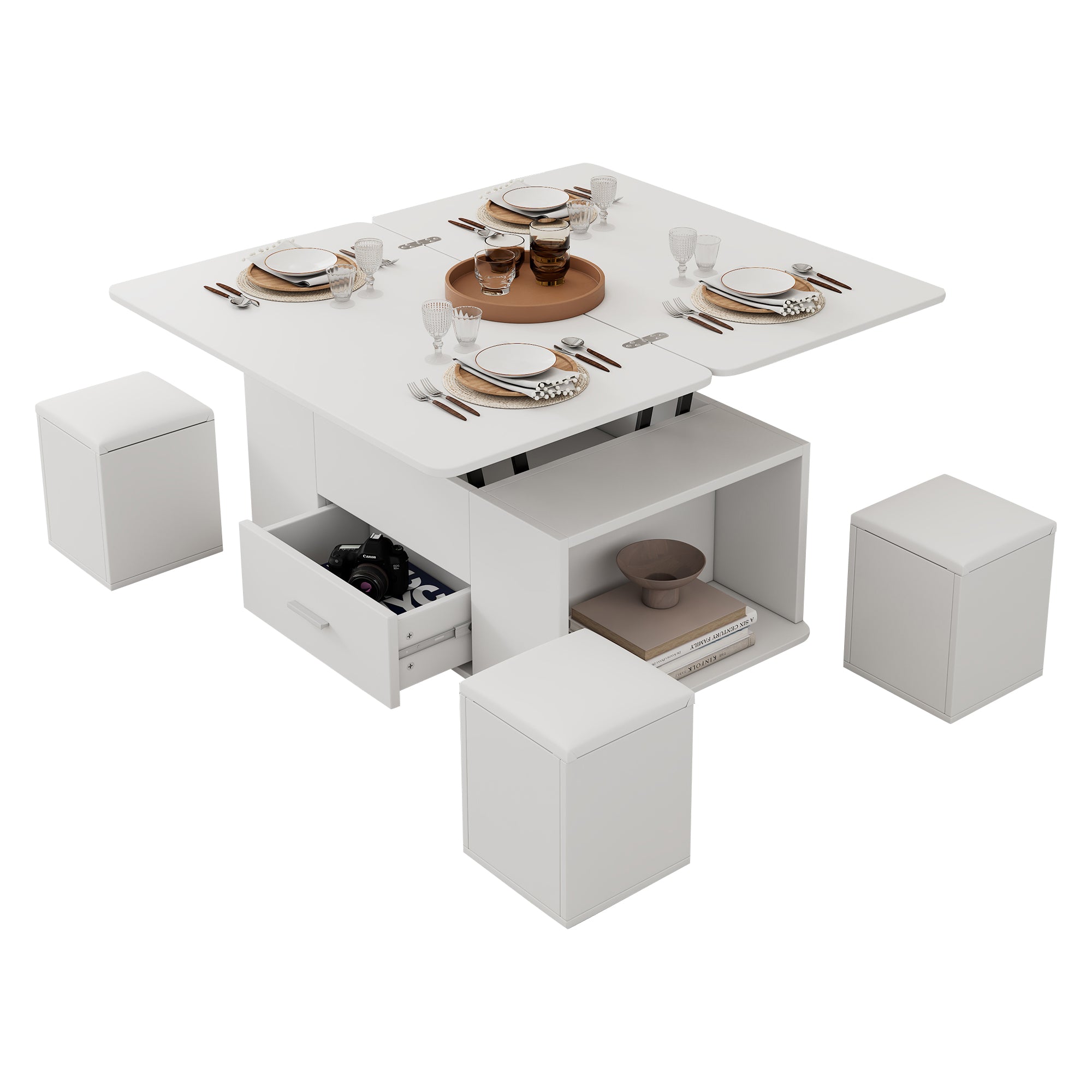 Height-adjustable Coffee Table, Movable Sofa Table, 4-in-1 Multifunctional Coffee Table Convertible Into A Living Roomdining Table, Coffee Table With Drawers, With 4 Stools, White