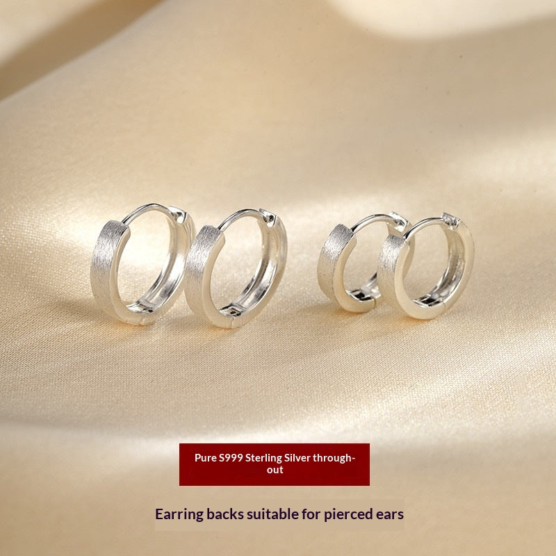 S999 Sterling Silver Plain Hoop Brushed-finish Earrings For Women