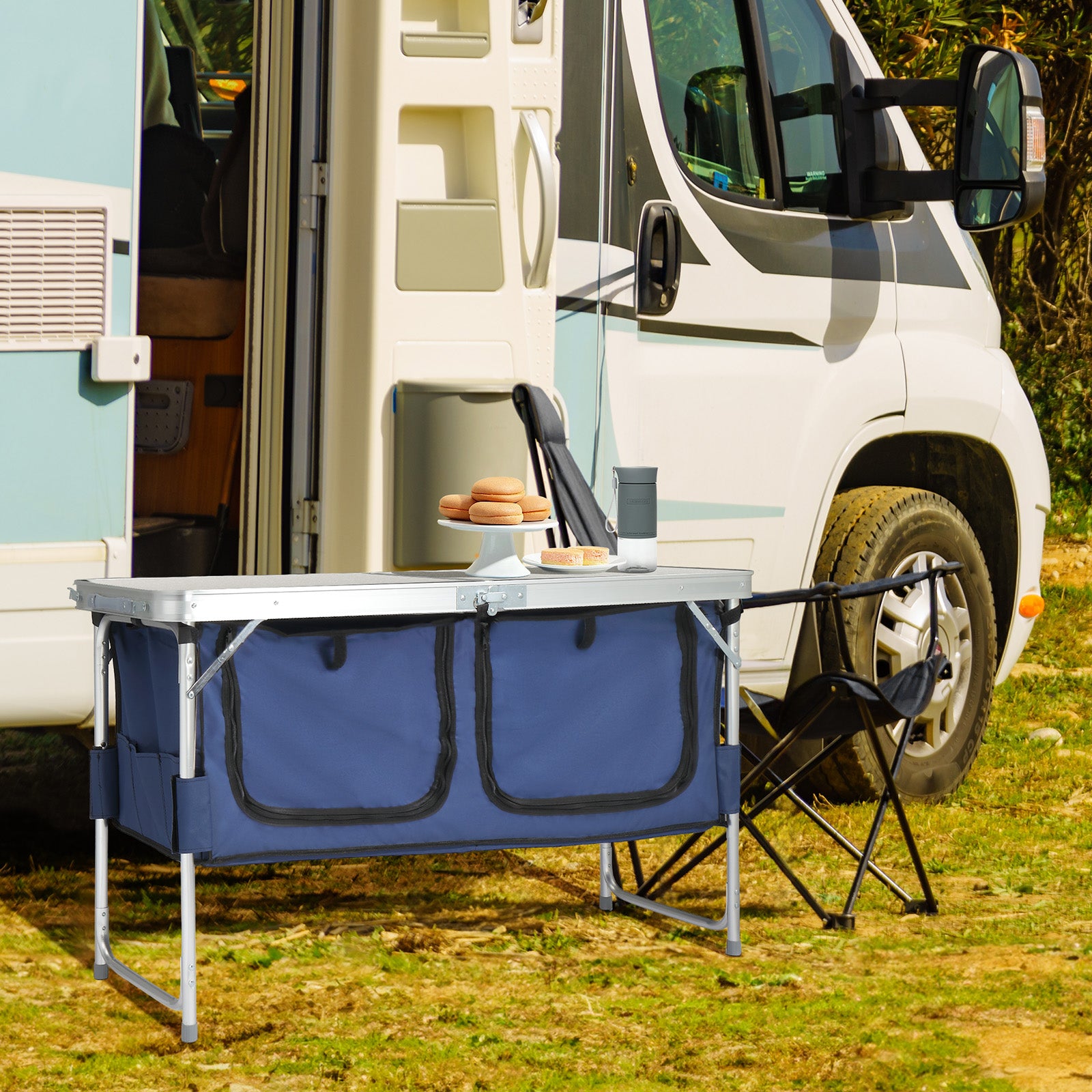 4ft Aluminum Folding Camping Table With 2 Large Storage Compartments, Portable Outdoor Picnic BBQ Buffet Serving Table
