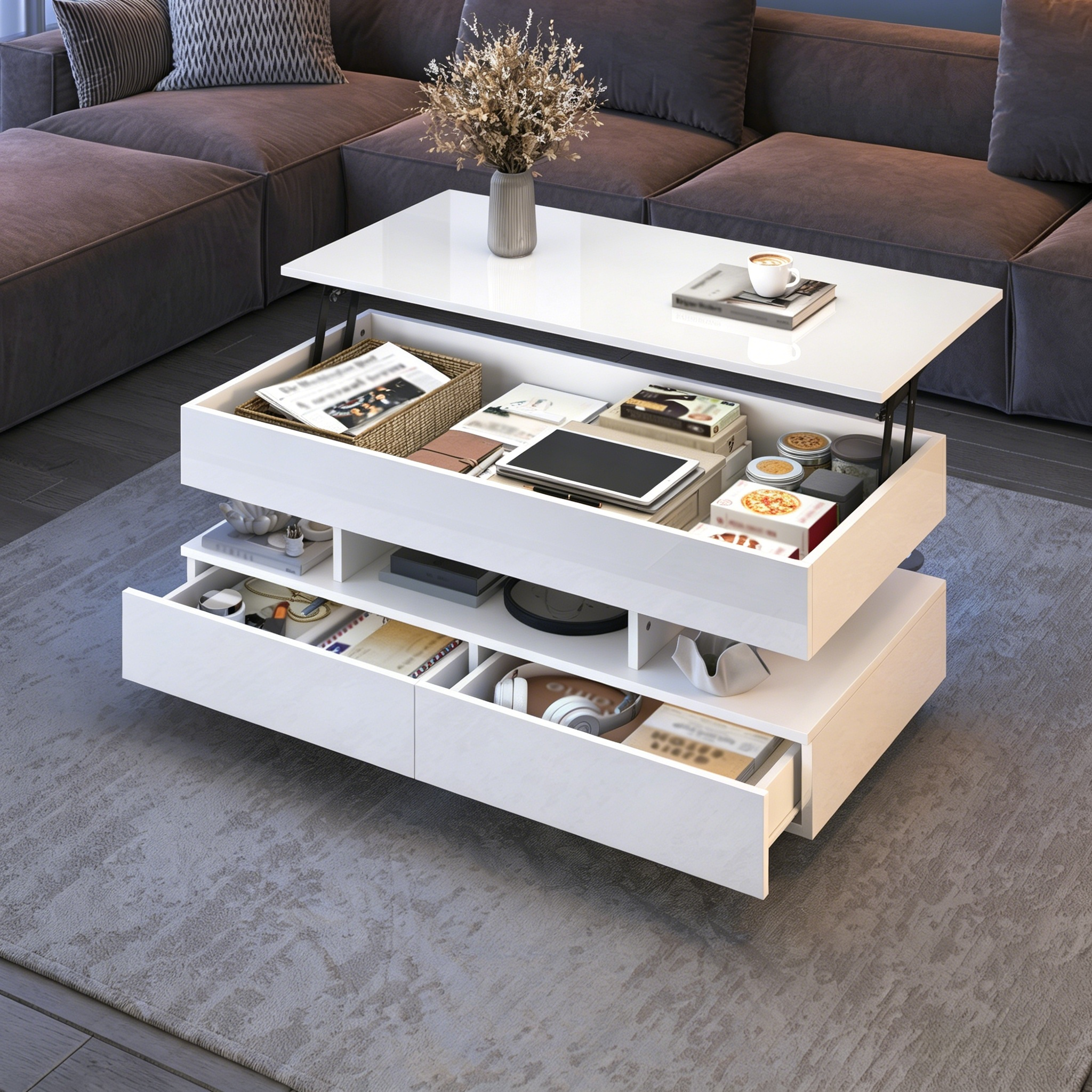 100x50x45cm Height Adjustable Coffee Table With LED & Storage Space, High Gloss Living Room Table, Coffee Table, Side Table, Lift-Top Coffee Table Up To 58.5cm, 50kg Load Capacity