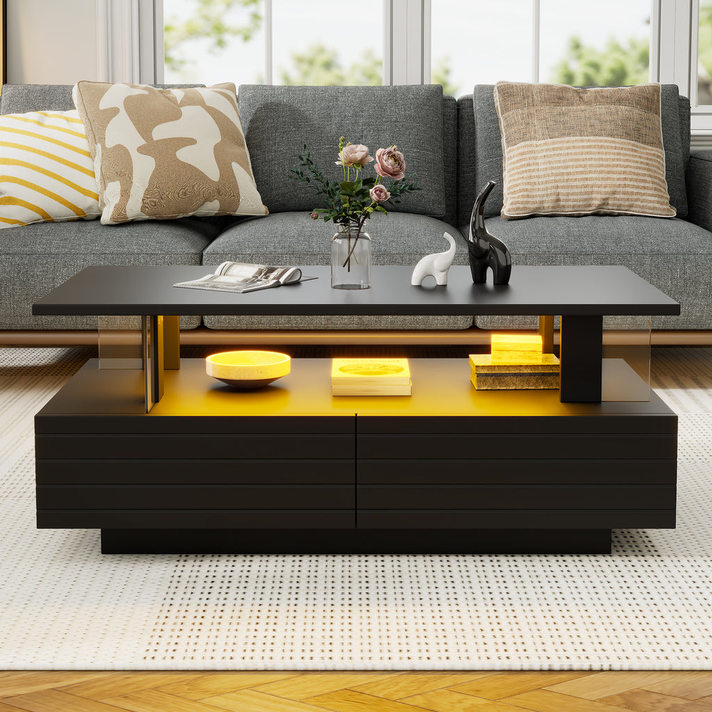 Black LED Coffee Table With Storage Function, Acrylic LED Living Room Table, Bistell Table, Double Layer Rectangular Coffee Table With Bluetooth Mobile Phone App Control, Suitable For Parties, Offices