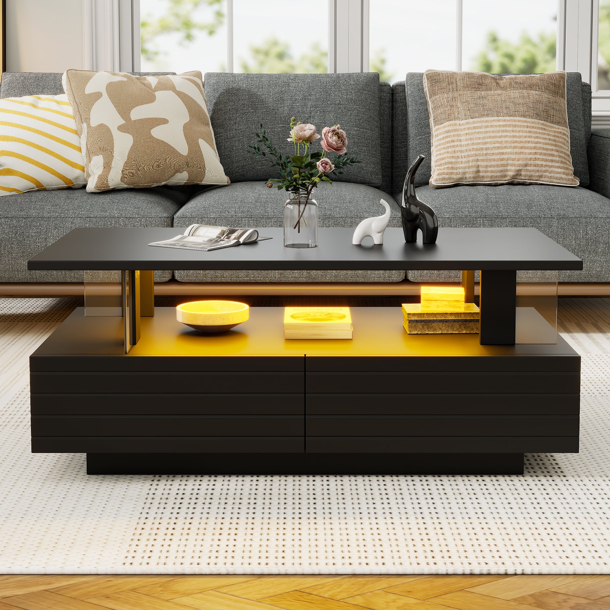 Black LED Coffee Table With Storage Function, Acrylic LED Living Room Table, Bistell Table, Double Layer Rectangular Coffee Table With Bluetooth Mobile Phone App Control, Suitable For Parties, Offices