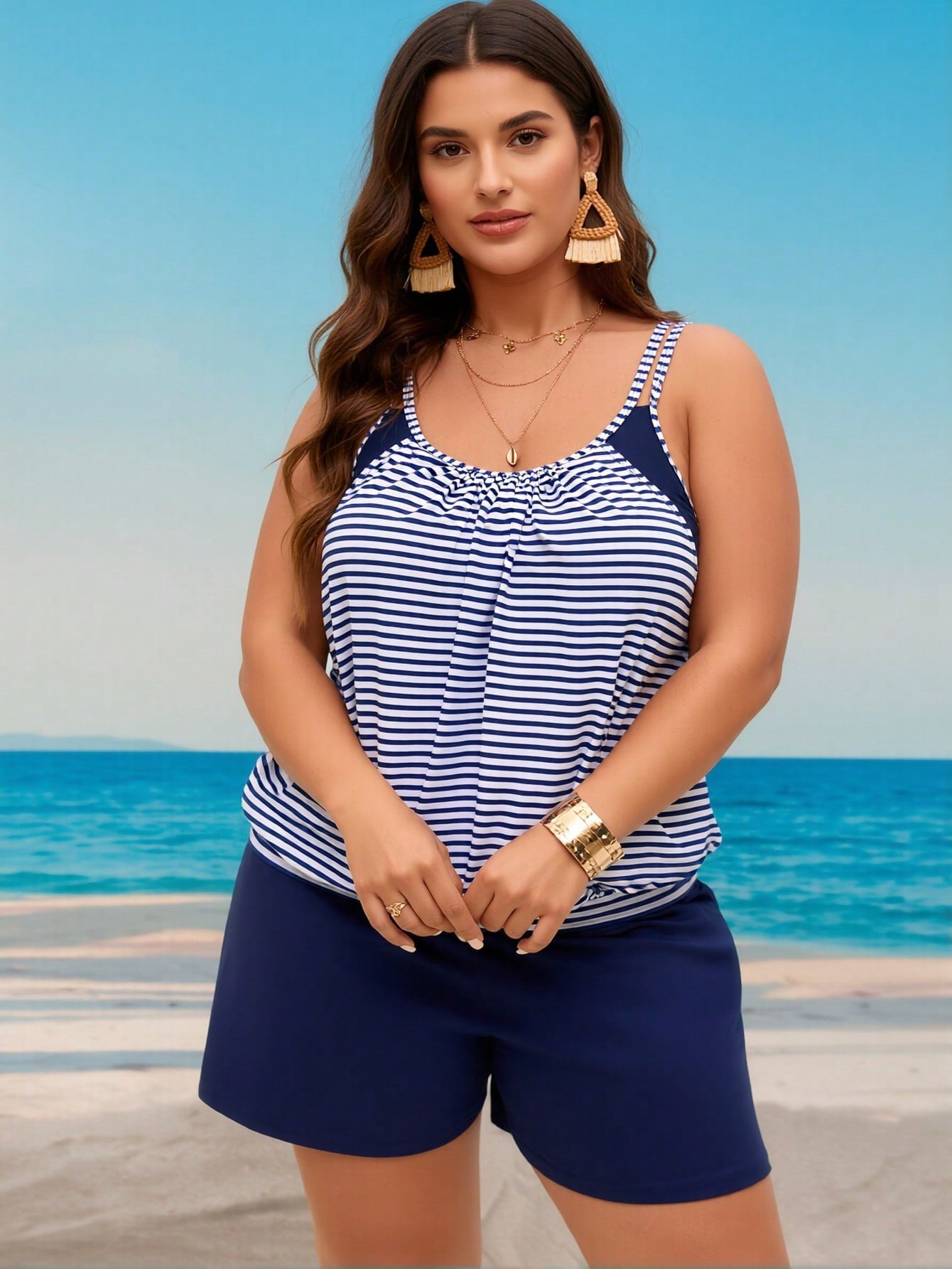 2026 New Summer Nautical Tankini Set - Ladies Double Stripe Shoulder Ruched Flowy Top & Shorts