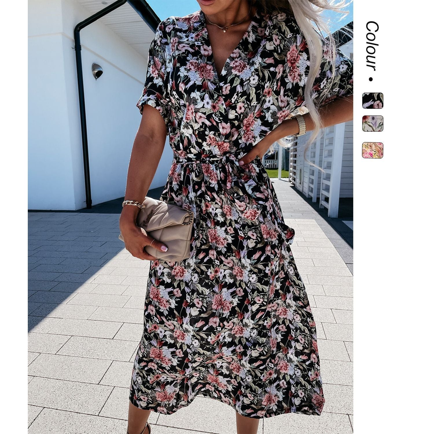 Womens Fashion Floral V-Neck Defined Waist Short-Sleeve Dress