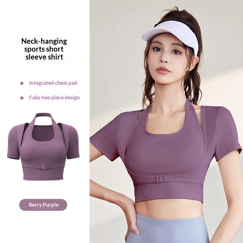 Halter-neck Yoga Top With Short Sleeves For Women