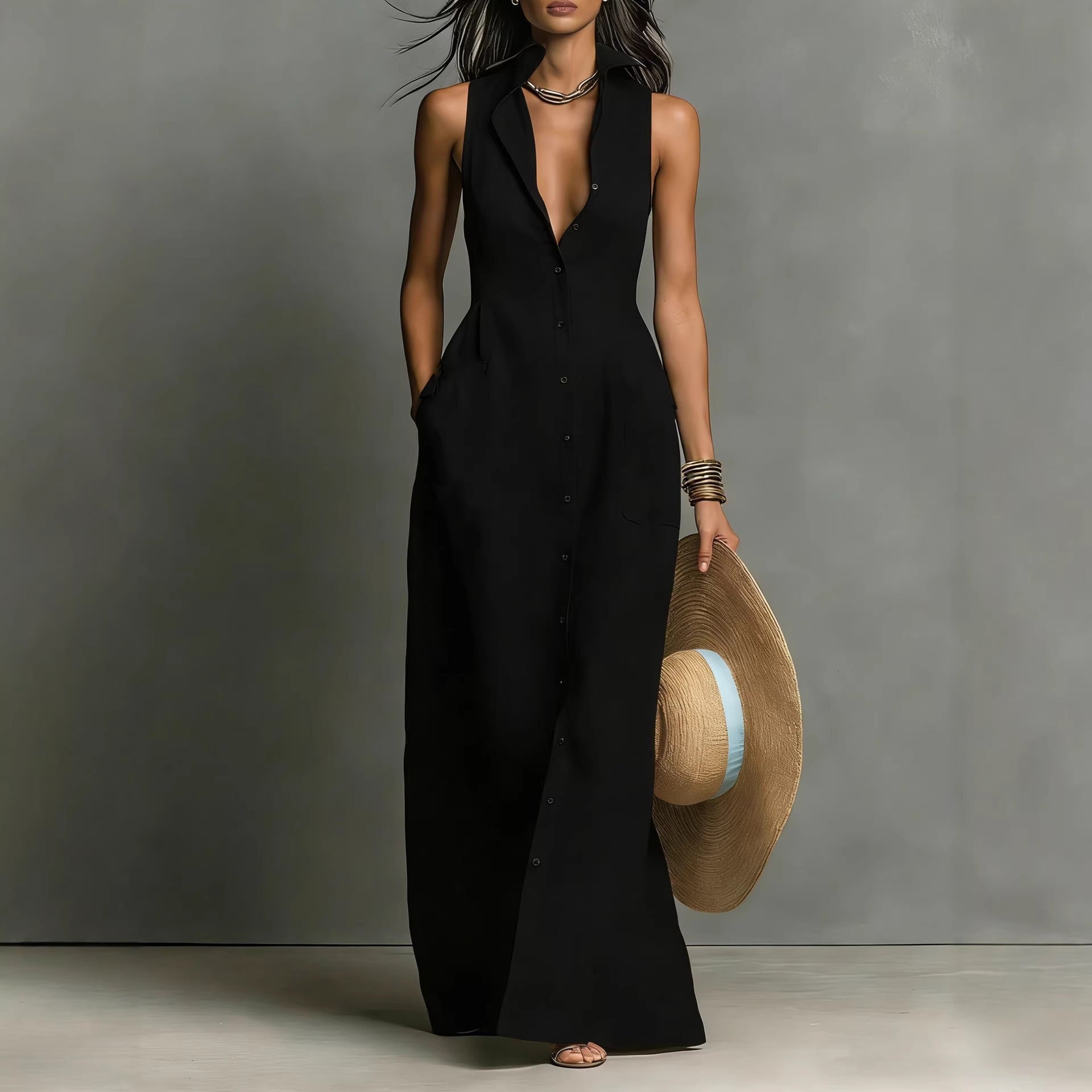 Breasted Sleeveless Shirt-collar Dress