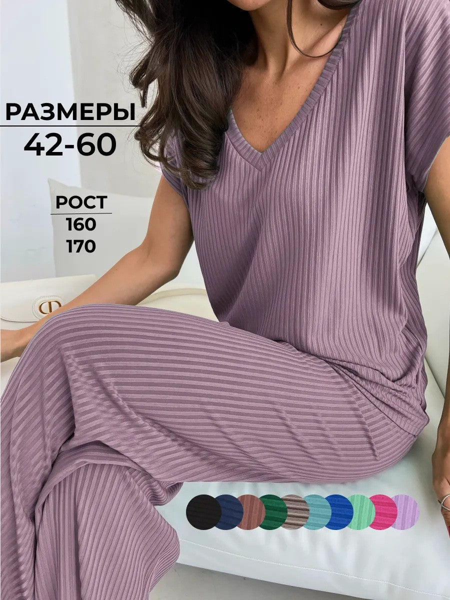 Relaxed-fit Casual Two-piece Set With Short Sleeves And Wide-leg Pants
