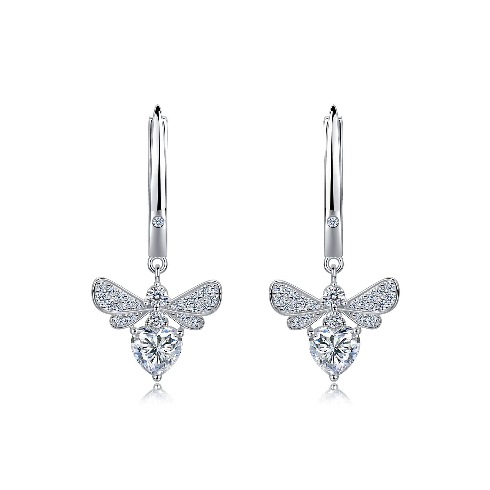 S925 Sterling Silver Heart Moissanite Wing Dangle Earrings, 6mm D-VVS1 Heart Cut Stone, Platinum Plated 3.9g Women's Jewelry Gift Box