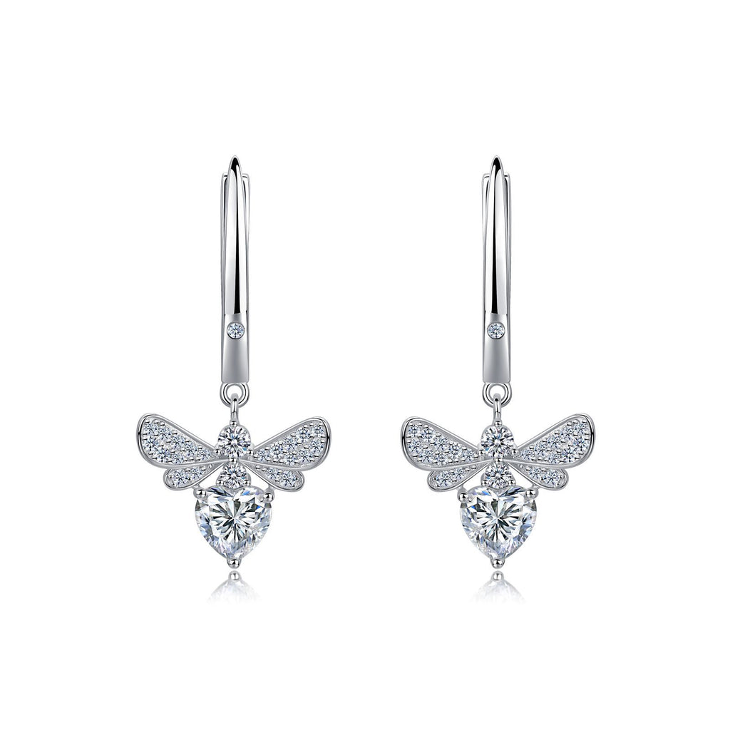 S925 Sterling Silver Heart Moissanite Wing Dangle Earrings, 6mm D-VVS1 Heart Cut Stone, Platinum Plated 3.9g Women's Jewelry Gift Box