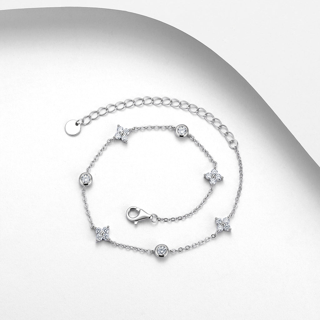 S925 Sterling Silver Moissanite Station Bracelet, D-VVS1 Adjustable  Chain, Platinum Plated 2.5g Women's Jewelry Gift Box Set