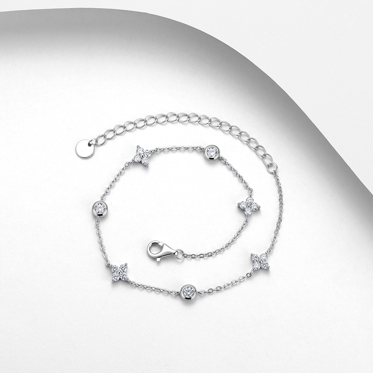 S925 Sterling Silver Moissanite Station Bracelet, D-VVS1 Adjustable  Chain, Platinum Plated 2.5g Women's Jewelry Gift Box Set