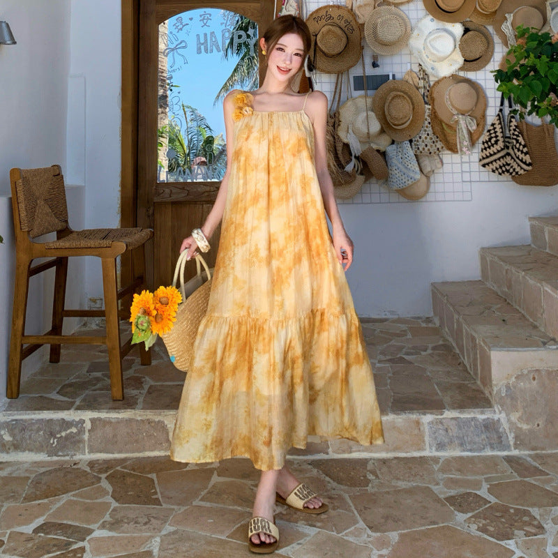 Orange-gold Gradient-printed U-neck Slip A-line Dress