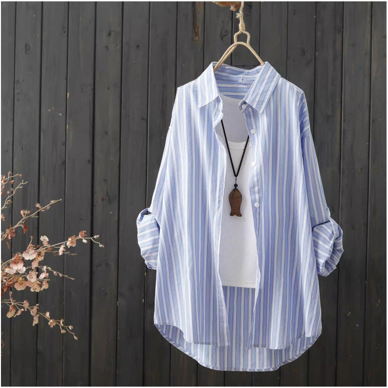 Womens Artsy Mid-length Striped Long-sleeve Shirt