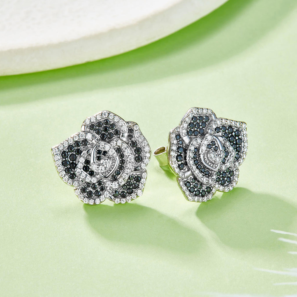 S925 Sterling Silver Black & White Rose Stud Earrings, D-VVS1 Moissanite Pave Flower, Platinum Plated 3.4g, Women's Jewelry Gift Box