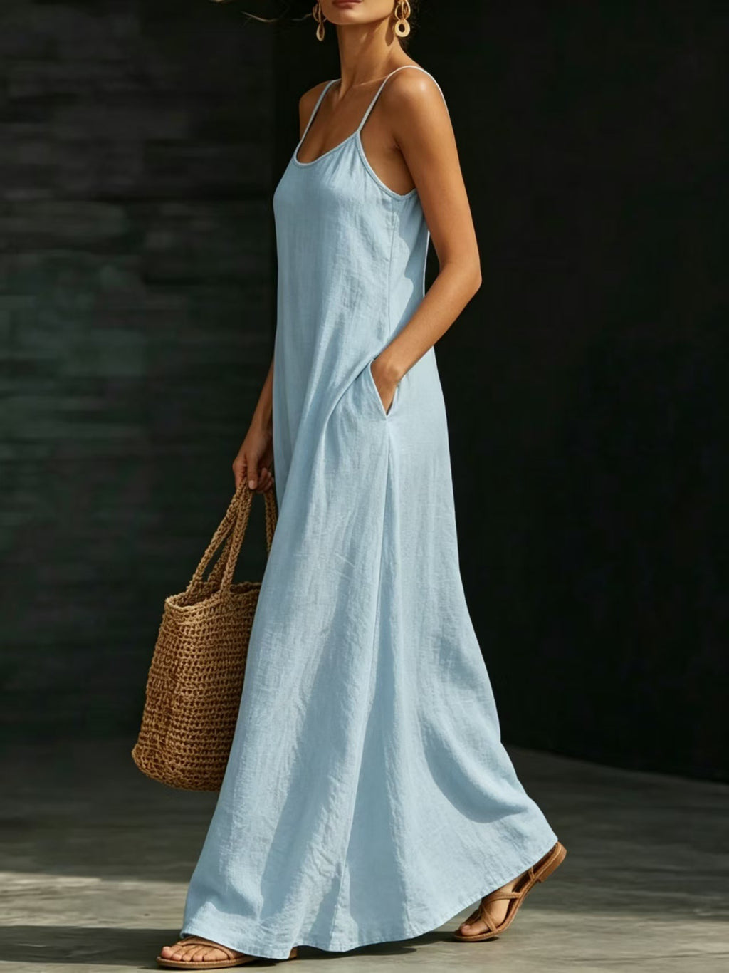 Summer Beach Spaghetti Strap Maxi Dress, Loose Flowy Casual Long Dress For Vacation & Holiday Dresses For Women
