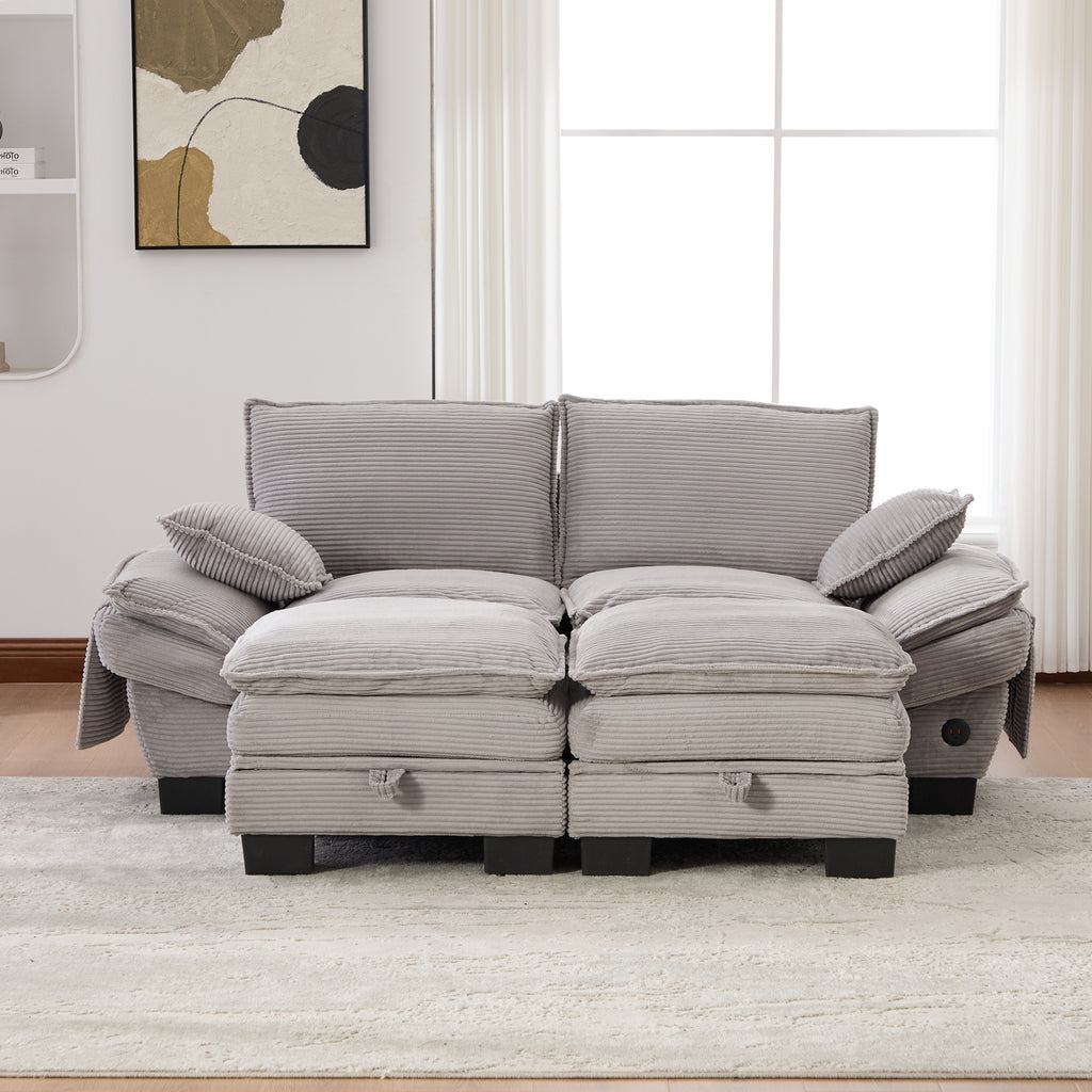 Modular 2-seater Corduroy Sofa  With 2 Stools Wide Seat, Ergonomic Design, High-density Foam Padding, USB-C Port And Side Pockets.Ideal For Living Room, Office Or Lounge.Light Grey
