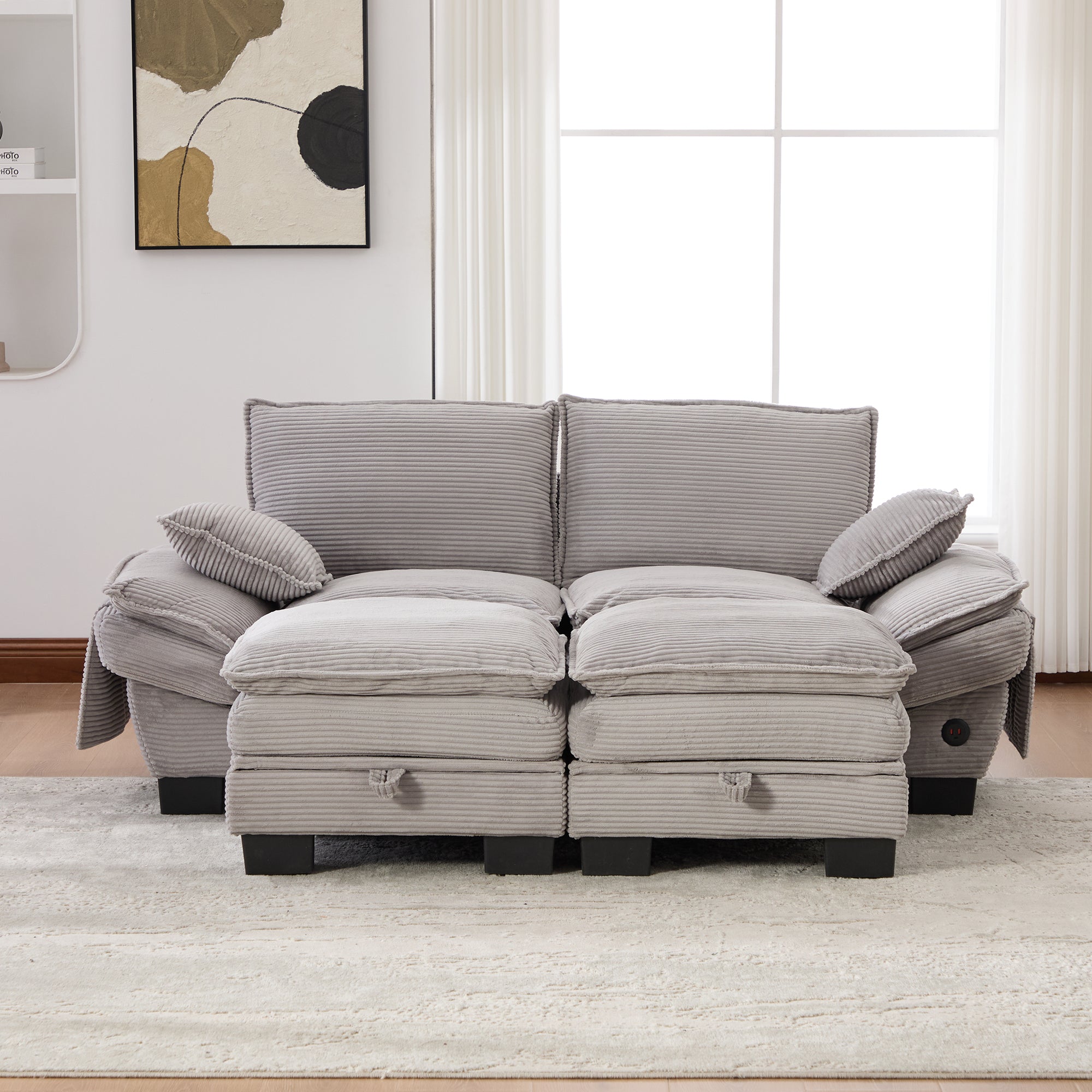 Modular 2-seater Corduroy Sofa  With 2 Stools Wide Seat, Ergonomic Design, High-density Foam Padding, USB-C Port And Side Pockets.Ideal For Living Room, Office Or Lounge.Light Grey