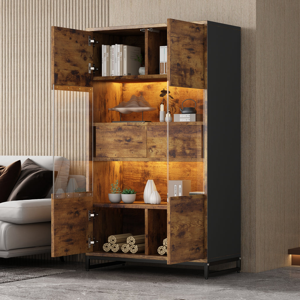 80X40X138cm Display Cabinet With LED Lighting Standing Display Cabinet,Display Cabinets With 2 Drawers, Storage Display Case With Acrylic Panel, Highboard, Wine Cabinets, Bookshelves With Plenty Of St