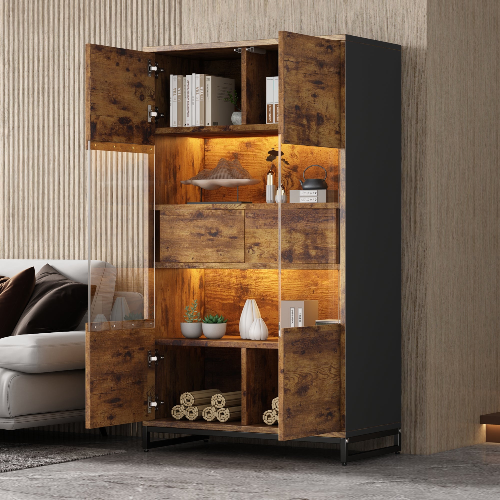 80X40X138cm Display Cabinet With LED Lighting Standing Display Cabinet,Display Cabinets With 2 Drawers, Storage Display Case With Acrylic Panel, Highboard, Wine Cabinets, Bookshelves With Plenty Of St