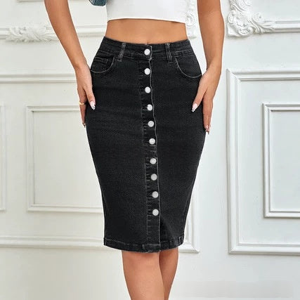 One-piece Front-button Stretch Denim Midi Skirt